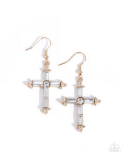 Load image into Gallery viewer, Heavenly Homage - Gold Fitting/ White Gem (Cross) Earring