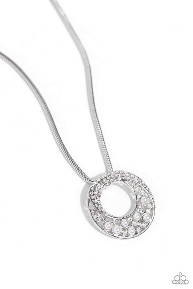 Scintillating Spiral - White (Rhinestone and Pearl) Necklace