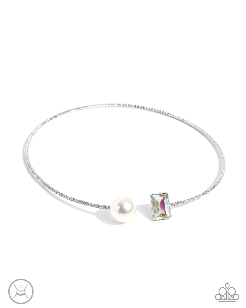 Euphoric Elegance - Multi Iridescent Gem White Pearl Silver Collar Necklace (LOP-0325)