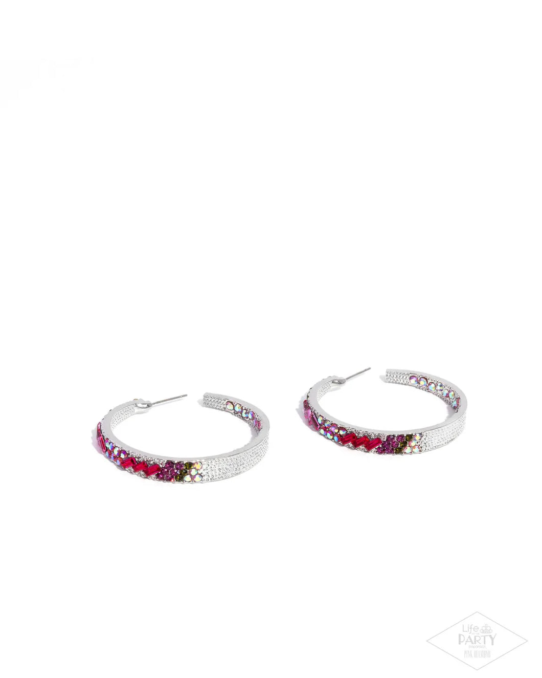 Glitzy by Association - Multi Pink Iridescent Rhinestone Silver Hoop Earrings