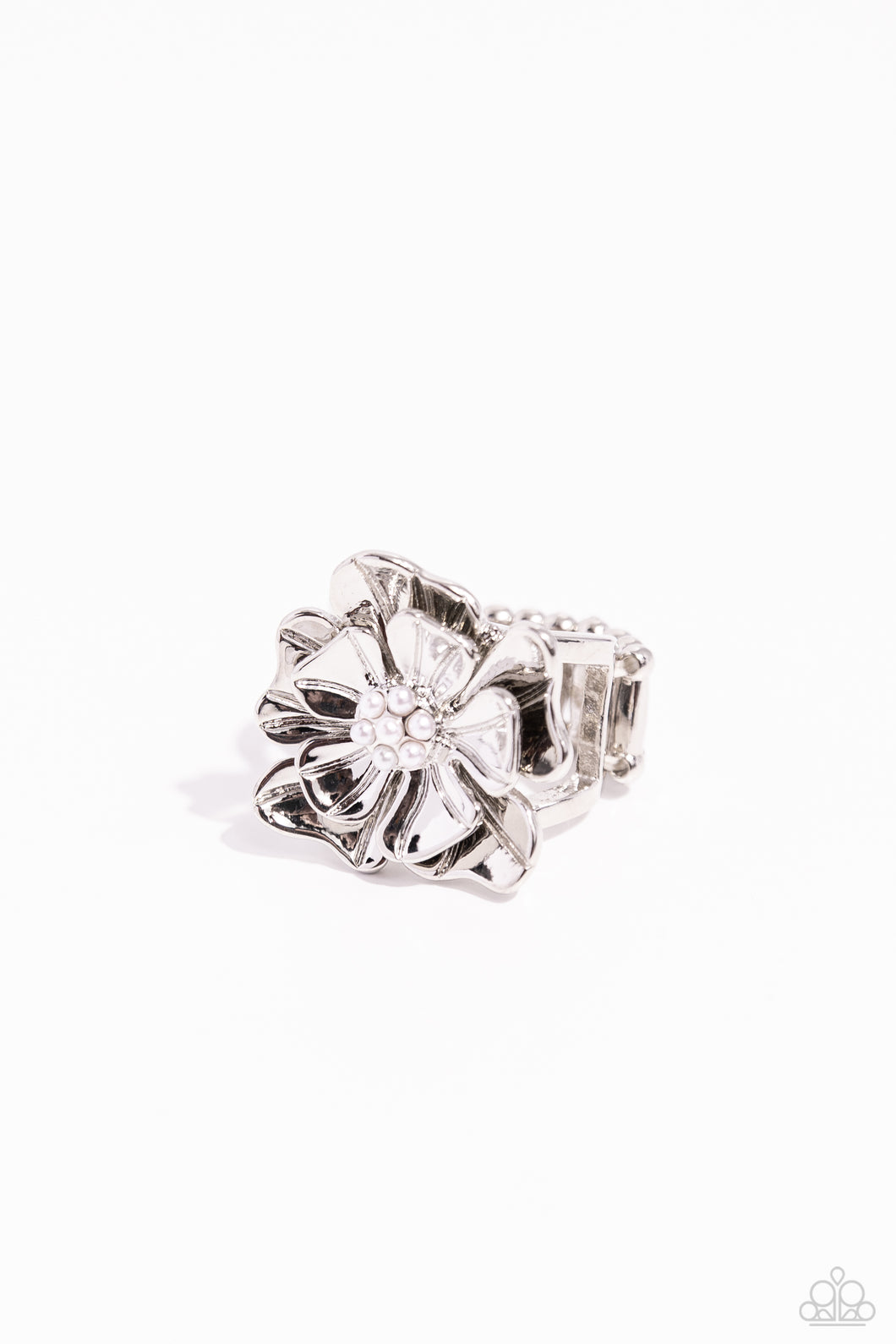 Pampered Petals - White (Pearl) Silver Flower Ring