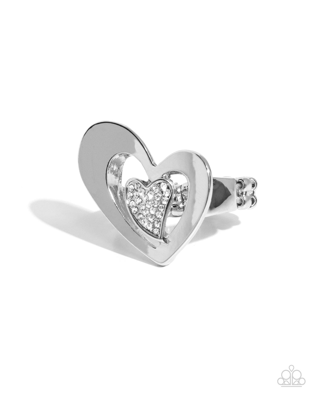 Abstract Amor - White (Rhinestone) Silver Heart) Ring