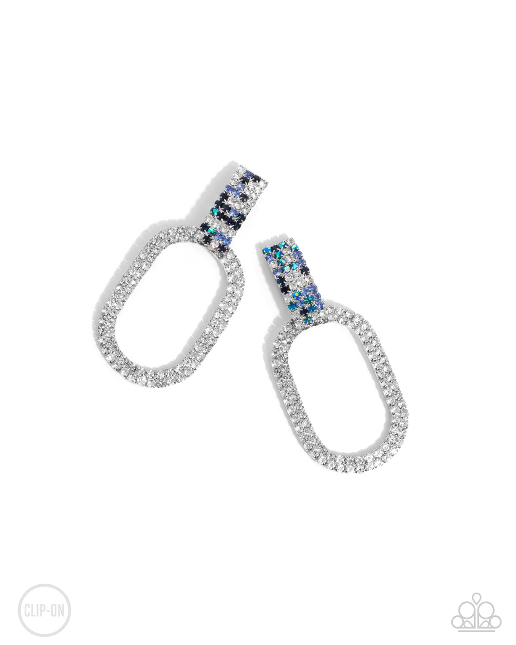 Guarded Glitz - Blue and White Rhinestone Clip-On Earring