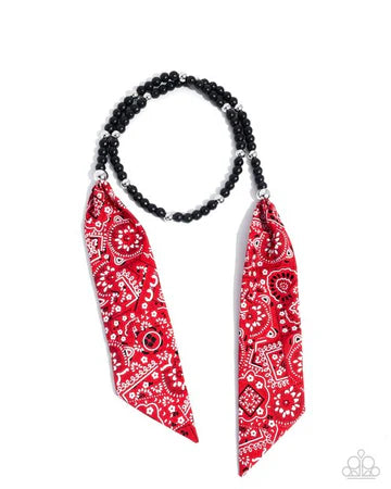 Bandana Ballad - Multi Red Bandana Black Bead Tie Short Necklace