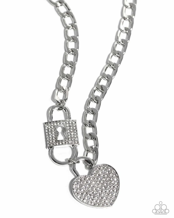 Lock Up Your Love - White (Rhinestone) Heart Necklace (LOP-0624)