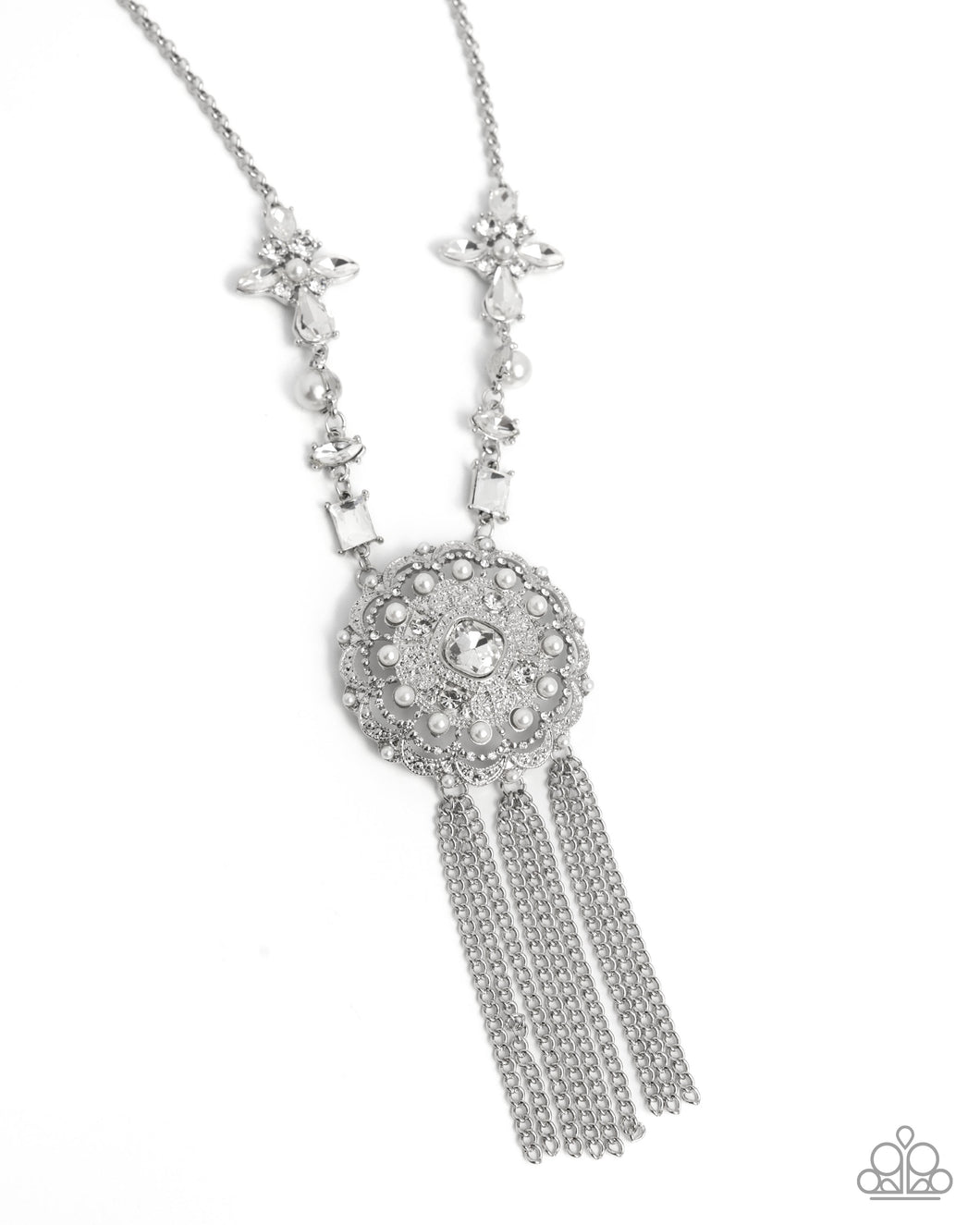 Virtuous Venture - White (Rhinestone and Pearl Pendant) Necklace (LOP-0525)