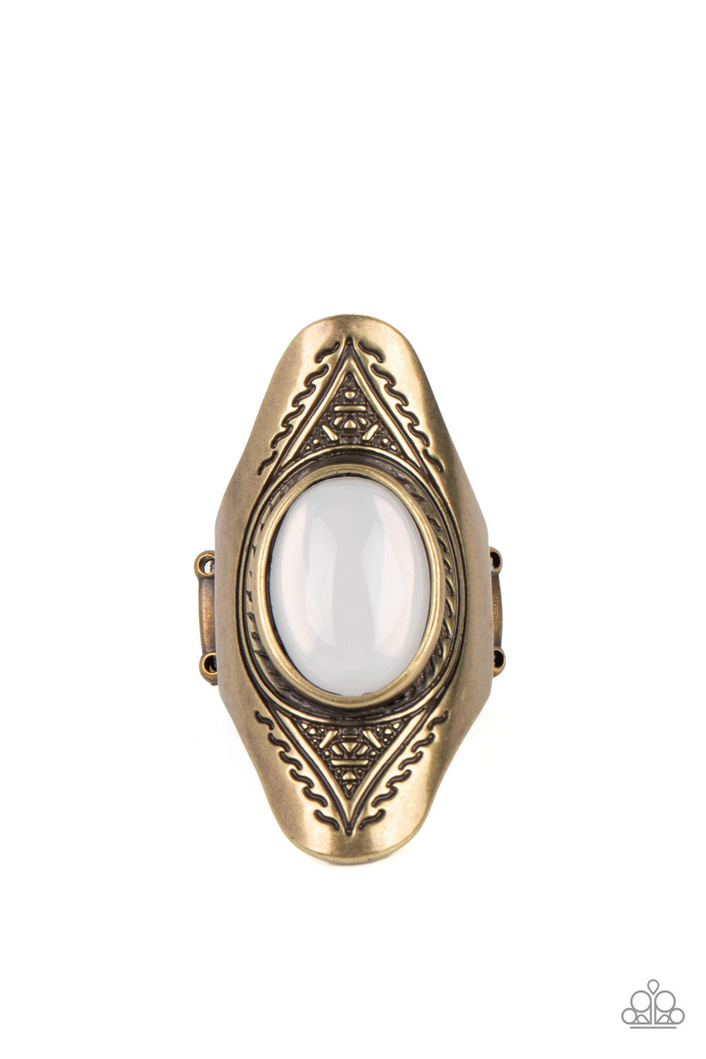 Pyramid Passage - Brass (Opal White Bead) Ring