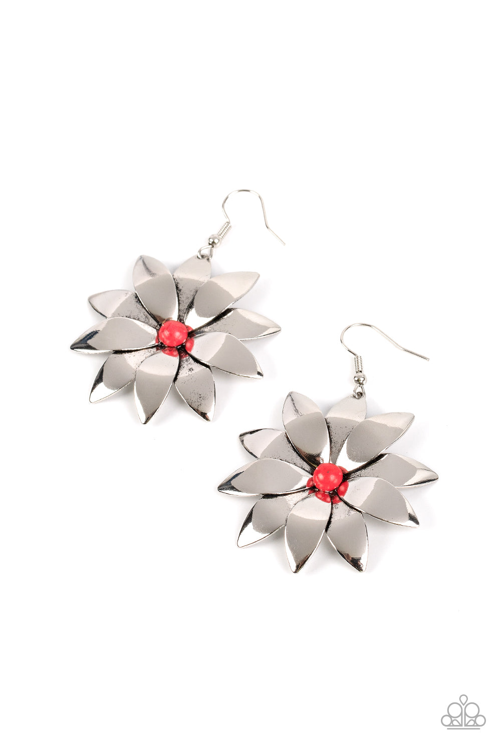 Pinwheel Prairies - Red (Beaded Center) Silver Petals Earring