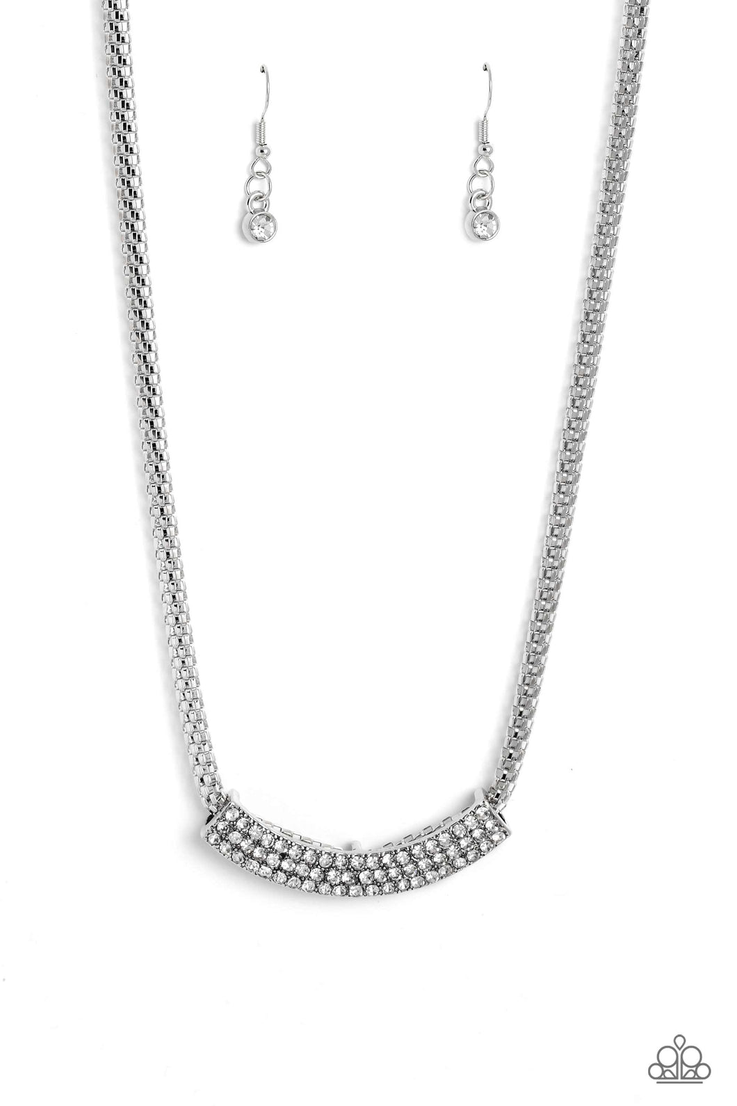 Swing Dance Dream - White Rhinestone Silver Mesh Chain Necklace