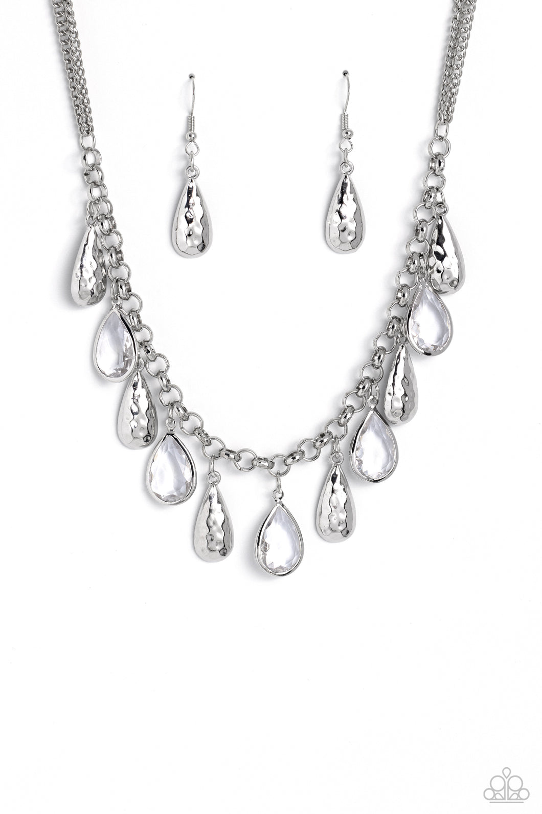 Teardrop Timbre - White (Clear/Silver /Hammered/Beveled Teardrop) Necklace